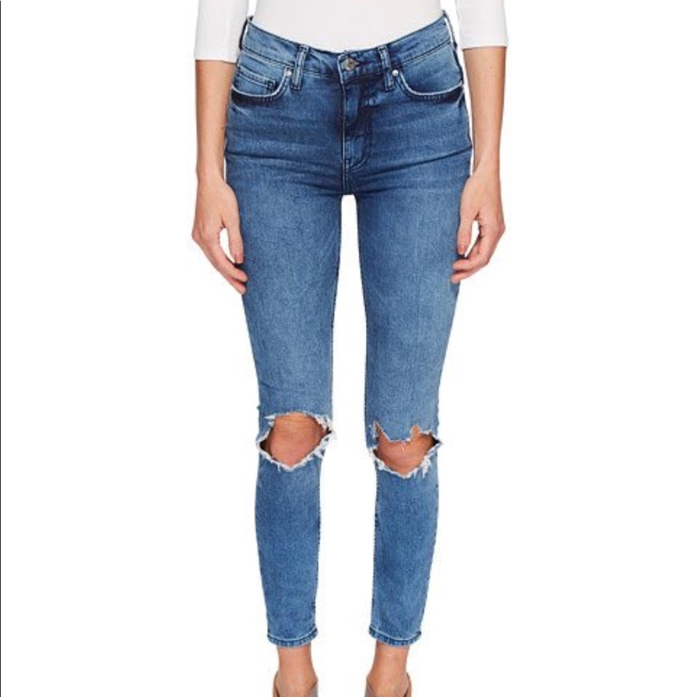 Free people turquoise high rise busted knee jeans